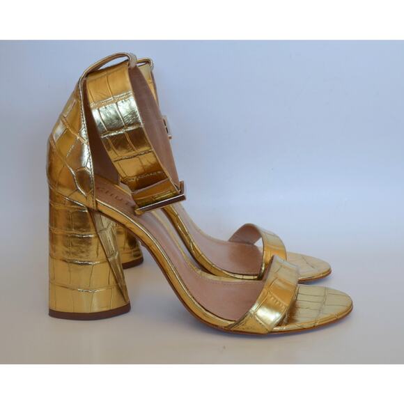 Schutz Gold Croc Embossed Ankle Strap Heel Sandal Size 40 - Picture 2 of 8